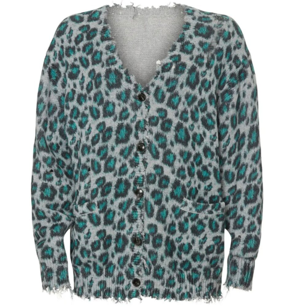R13 distressed cotton blue leopard cardigan, oversize, Small